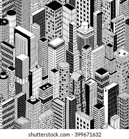 Skyscraper City Seamless Pattern (medium) is hand drawing of different high-rise buildings like Manhattan in isometric projection. Illustration is in eps8 vector mode.