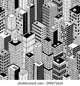 Skyscraper City Seamless Pattern (small) is hand drawing of different high-rise buildings like Manhattan in isometric projection. Illustration is in eps8 vector mode.