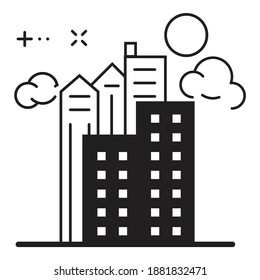 Skycraper-Stadscape-Gebäude mit Flachicon einzeln auf weißem Hintergrund