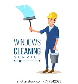 Skyscraper Cleaning Service Vector. Man With Bucket Of Water And Scraper. Professional Worker Cleaning Windows. Isolated On White Cartoon Character Illustration