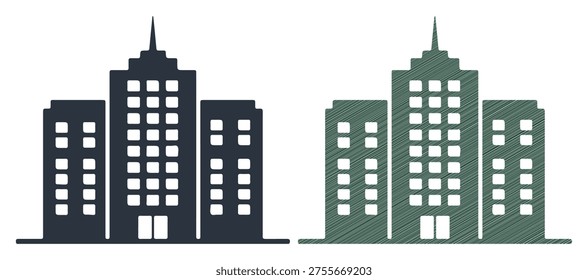 Skyscraper complex and apartment blocks, duo style icons in blue and green