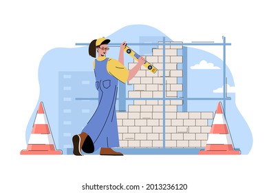 Skyscraper construction concept. Woman builder working on building site situation. Real estate business people scene. Vector illustration with flat character design for website and mobile site