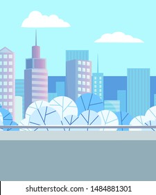 Skyscraper construction, high buildings and trees in city, modern architecture. Downtown panoramic view, district with park, cityscape in blue winter color vector. Flat cartoon. Winter park with snow