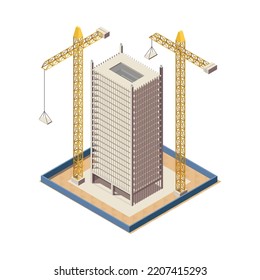 Skyscraper construction process isometric icon with unfinished building and two cranes 3d vector illustration