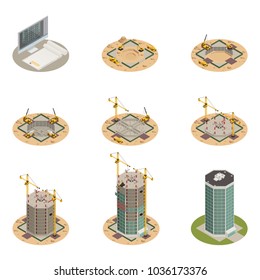 Skyscraper construction process progress 9 isometric icons collection from project design to final building isolated vector illustration 