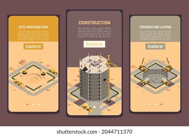 Skyscraper construction vertical isometric banners set with foundation laying symbols isolated vector illustration