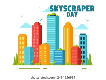 Ilustración vectorial del Día de los Rascacielos el 3 de septiembre con infraestructura de la ciudad, espacios públicos, edificios de la ciudad y rascacielos en un fondo plano