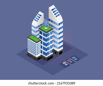 Skyscraper different building set in flat style concept top view isolated. Modern skyscraper city structure with house facade. Industrial constructions with apartments. Urban infrastructure element