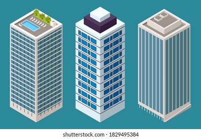 Skyscraper different building set with green plants on the roof in flat style concept top view isolated. Modern urban structure with house facade. Industrial constructions with apartments