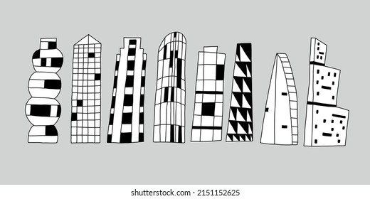 Skyscraper doodle illustration in minimalistic style. Black and white hand drawn illustration. Set of modern buildings. Architecture collection.