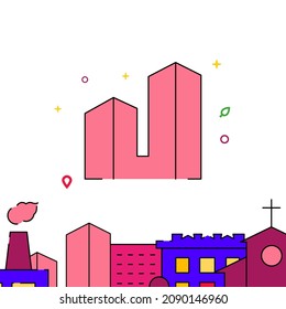 Skyscraper filled line vector icon, simple illustration, city buildings related bottom border.