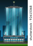 Skyscraper front view of blue glass on night city background. Part of building set. Vector art.
