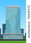 Skyscraper front view of blue glass on city background and blue sky. Part of building set. Vector art.