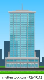 Skyscraper Front View Of Blue Glass On City Background And Blue Sky. Part Of Building Set. Vector Art.