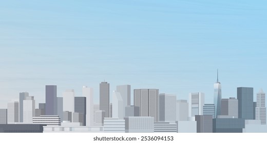 Vista frontal Skyscraper com ilustração gráfica azul céu fundo têm espaço em branco.