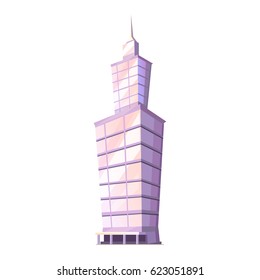 Skyscraper glass building tower with spire isolated on white. Traditional attribute of big cities home in flat style design. Vector illustration of futuristic modern buildings gaming app concept