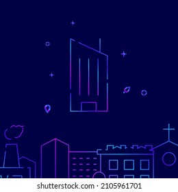 Skyscraper gradient line vector icon, simple illustration on a dark blue background, cityscape buildings related bottom border.