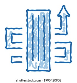 rascacielos y creciente vector de icono de esbozo de flecha. Raspador de arte de la línea de doodle azul dibujado a mano y símbolo de flecha creciente. ilustración de símbolo aislado