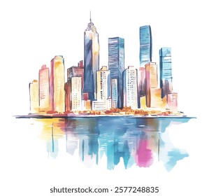 Skyscraper high-rise buildings city on the water vector illustration. Watercolor style modern big city with skyscapers. Architecture reflection in water. Highrise buildings silhouettes.