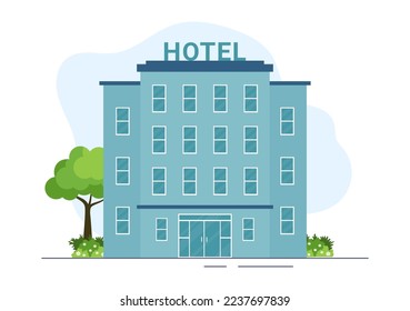 Skyscraper Hotel Building Flat Cartoon Hand Drawn Illustration Template with View on City Space of Street Panorama Design