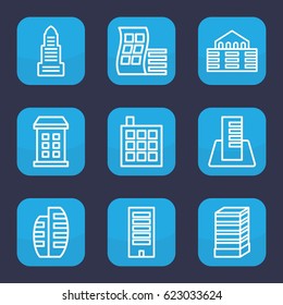Skyscraper icon. set of 9 outline skyscraper icons such as building, modern curved building, business center building, business center