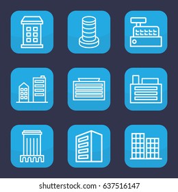 Skyscraper icon. set of 9 outline skyscraper icons such as building, business center building, business center