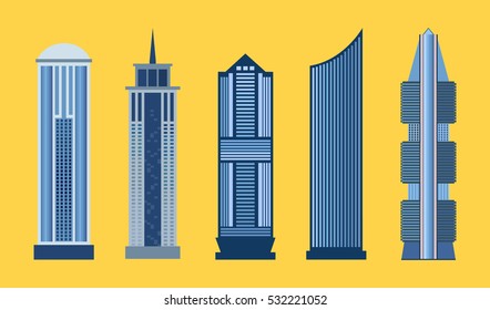 Skyscraper icon set isolated on yellow background. Vector illustration for architecture design. Business building exterior. Flat modern city office. High reflection glass center house