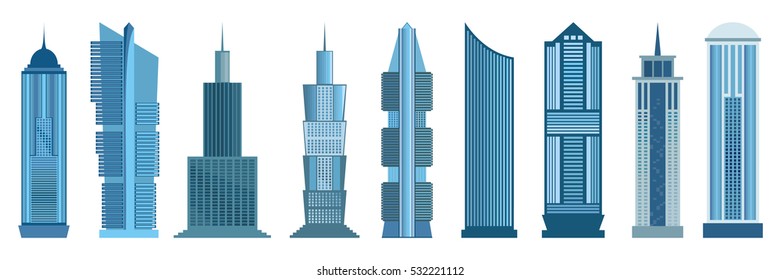 Skyscraper icon set isolated on white background. Vector illustration for architecture design. Business building exterior. Modern city office. High reflection glass center house