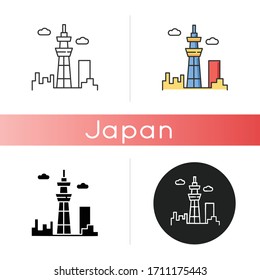 Skyscraper icon. Urban cityscape. Tokyo observation tower. Business district. Futuristic building. Airport terminal. Linear black and RGB color styles. Isolated vector illustrations