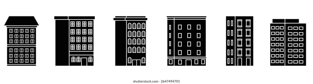 Ícone vetor de arranha-céu definido. Construindo coleção de sinais de ilustração. símbolo de construção de arranha-céus. ícones da web de arquitetura.