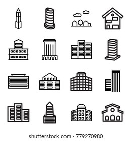 Skyscraper icons. set of 16 editable outline skyscraper icons such as building, building   isolated  sign symbol, business center building, builidng, city landscape