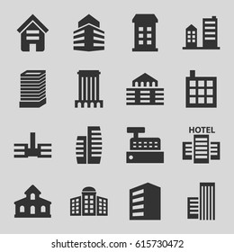 Skyscraper icons set. set of 16 skyscraper filled icons such as building, building   isolated  sign symbol, business center building