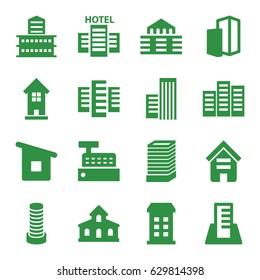 Skyscraper icons set. set of 16 skyscraper filled icons such as building, business center building, house building