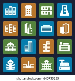 Skyscraper icons set. set of 16 skyscraper filled icons such as building, business center building