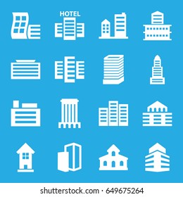 Skyscraper icons set. set of 16 skyscraper filled icons such as building, modern curved building, business center building, business center