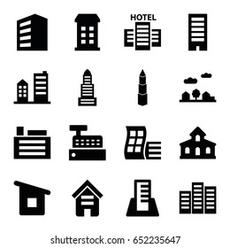 Skyscraper icons set. set of 16 skyscraper filled icons such as building, modern curved building, business center, house building, city landscape