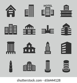 Skyscraper icons set. set of 16 skyscraper filled icons such as building, building   isolated  sign symbol, business center building, business center