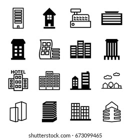 Skyscraper icons set. set of 16 skyscraper filled and outline icons such as building, business center building, business center, modern curved building, city landscape