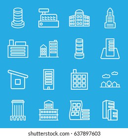 Skyscraper icons set. set of 16 skyscraper outline icons such as modern curved building, building   isolated  sign symbol, business center, house builidng, builidng