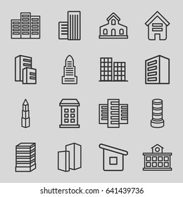 Skyscraper icons set. set of 16 skyscraper outline icons such as building, business center building, business center, house builidng