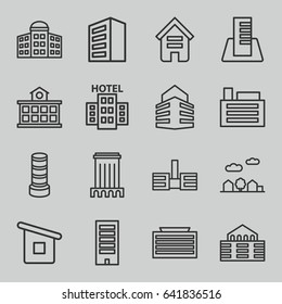 Skyscraper icons set. set of 16 skyscraper outline icons such as building, building   isolated  sign symbol, business center building, house builidng, builidng, city landscape