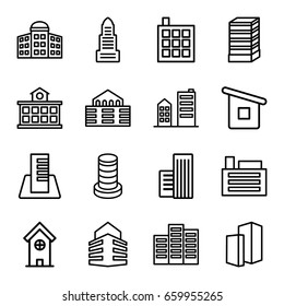 Skyscraper icons set. set of 16 skyscraper outline icons such as building   isolated  sign symbol, building, business center building, business center, house builidng