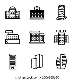 Skyscraper icons. set of 9 editable filled and outline skyscraper icons such as building   isolated  sign symbol, building, builidng, hotel