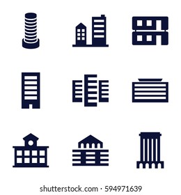 skyscraper icons set. Set of 9 skyscraper filled icons such as building, business center building