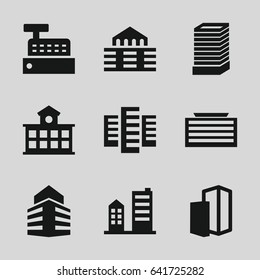 Skyscraper icons set. set of 9 skyscraper filled icons such as building