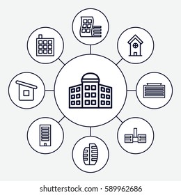 skyscraper icons set. Set of 9 skyscraper outline icons such as modern curved building, building   isolated  sign symbol, house builidng