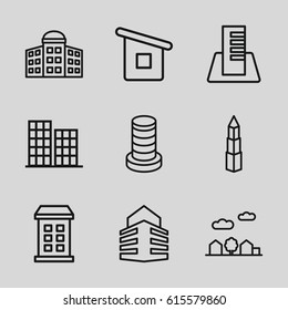 Skyscraper icons set. set of 9 skyscraper outline icons such as building, building   isolated  sign symbol, business center, house builidng, builidng