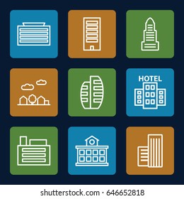 Skyscraper icons set. set of 9 skyscraper outline icons such as business center building, business center, building, builidng, city landscape