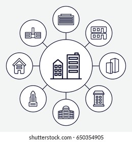 Skyscraper icons set. set of 9 skyscraper outline icons such as building, building   isolated  sign symbol, business center building, business center, house builidng