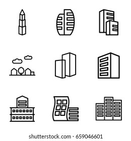 Skyscraper icons set. set of 9 skyscraper outline icons such as modern curved building, building, builidng